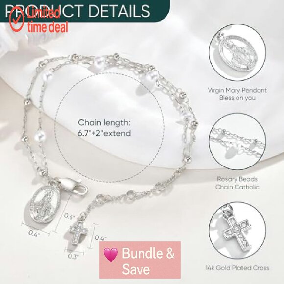 14K Gold Plated Double Layer Pearl Rosary Bracelet with Virgin Mary Charm - Picture 5 of 8